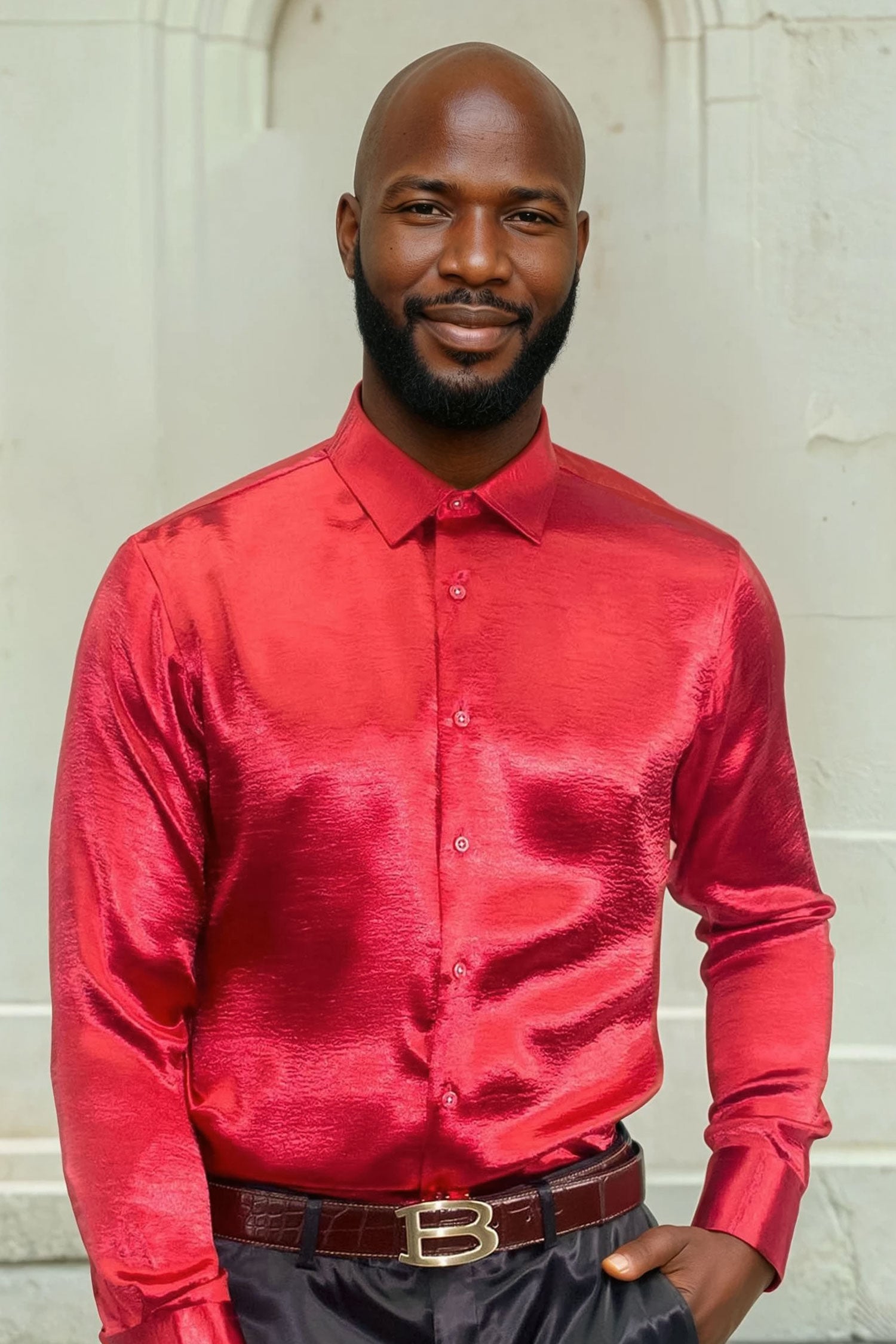 BARABAS Men shinny solid color button down dress Shirts B302 Red