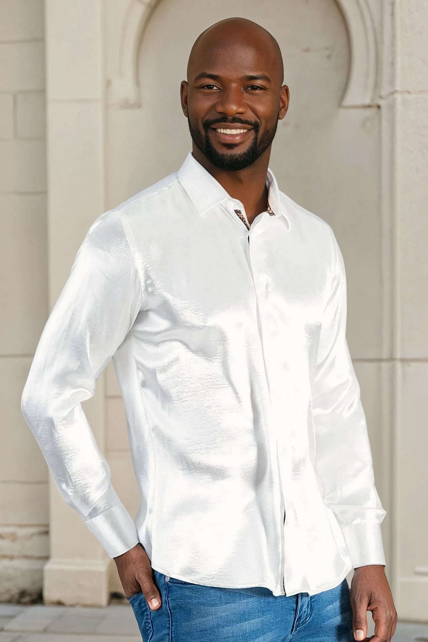 BARABAS Men shinny solid color button down dress Shirts B302 White