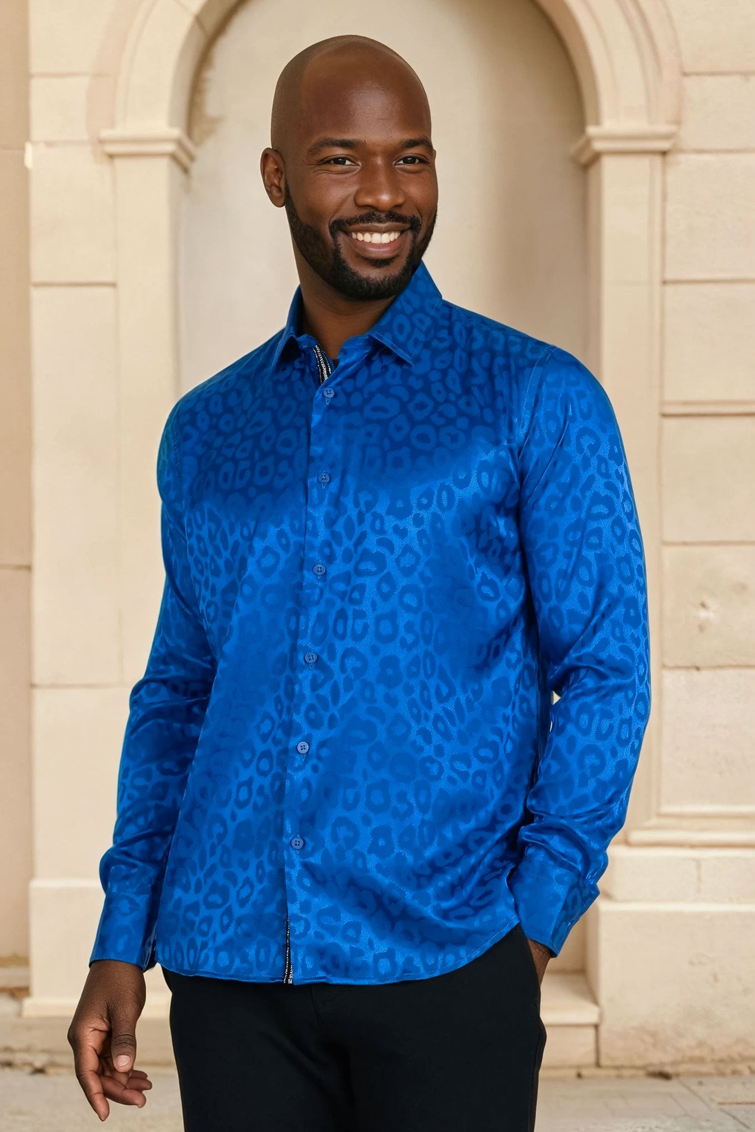 BARABAS Men textured leopard design pattern button down Shirts B310 Blue