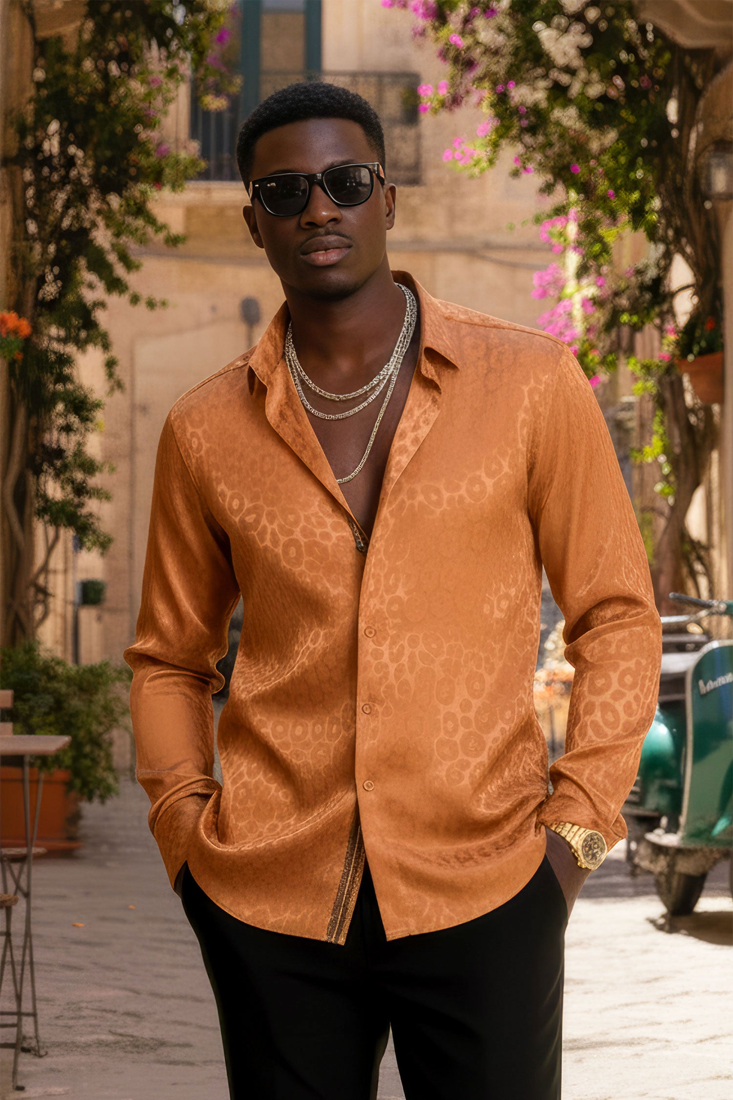 BARABAS Men textured leopard design pattern button down Shirts B310 Gold