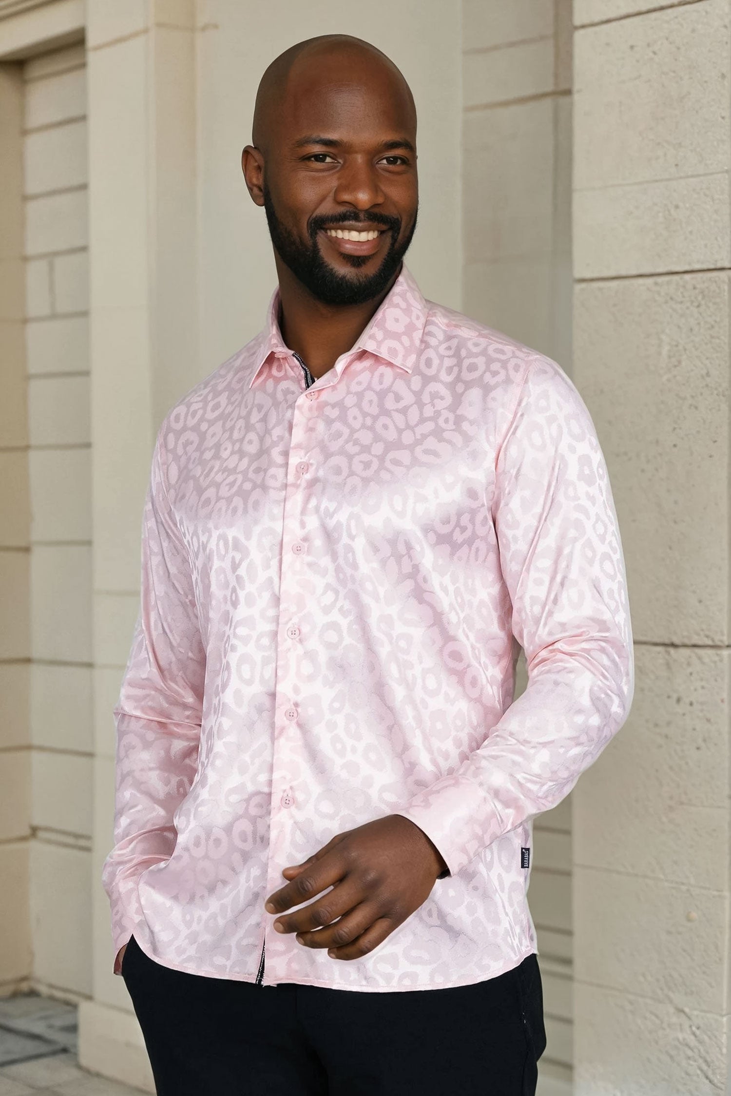 BARABAS Men textured leopard design pattern button down Shirts B310 Pink