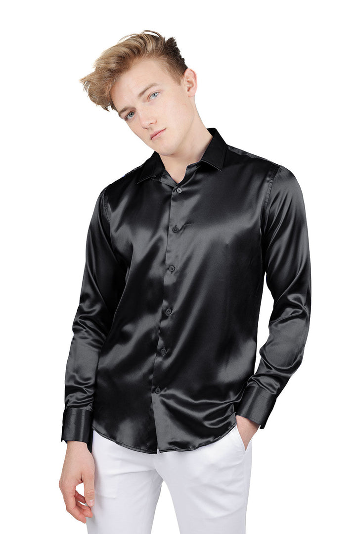 BARABAS Mens Luxury Metallic Long Sleeve Button Down Shiny shirts B312 Black