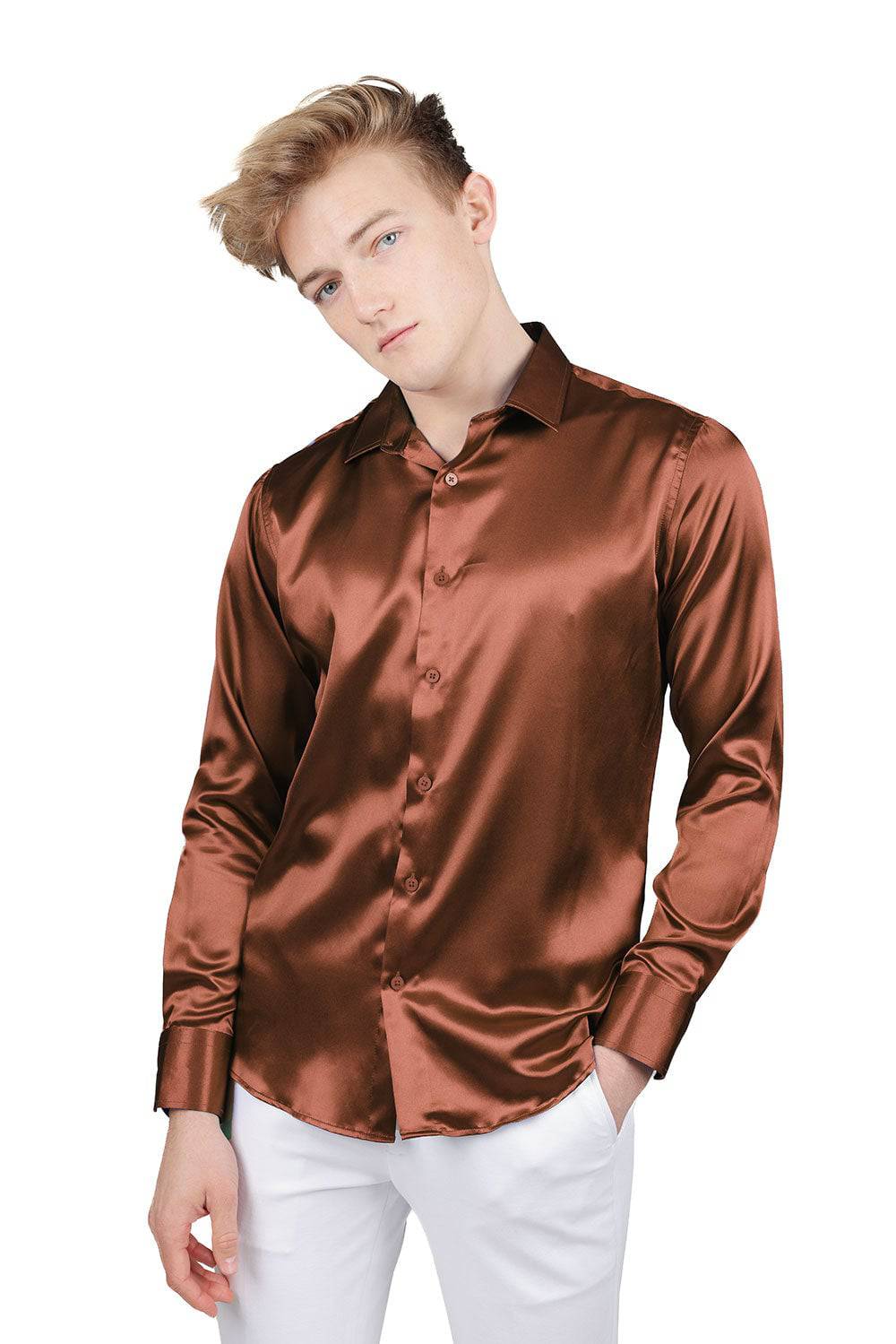 BARABAS Mens Luxury Metallic Long Sleeve Button Down Shiny shirts B312 Brown