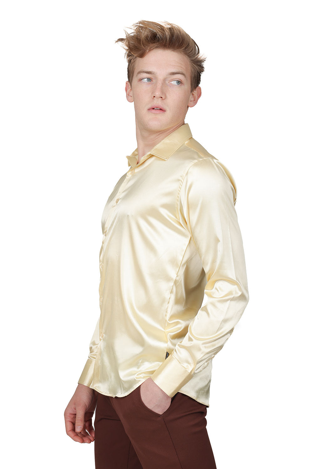 BARABAS Mens Luxury Shiny Long Sleeve Button Down Metallic Shirts B312 Cream