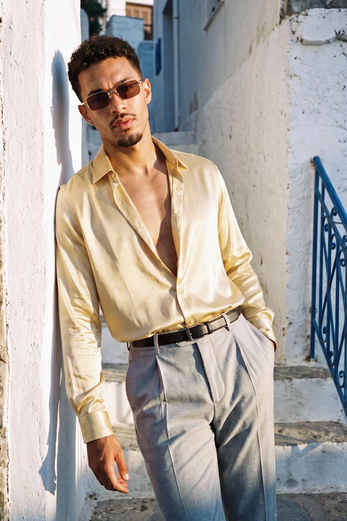 BARABAS Mens Luxury Shiny Long Sleeve Button Down Metallic Shirts B312 #Color_Cream