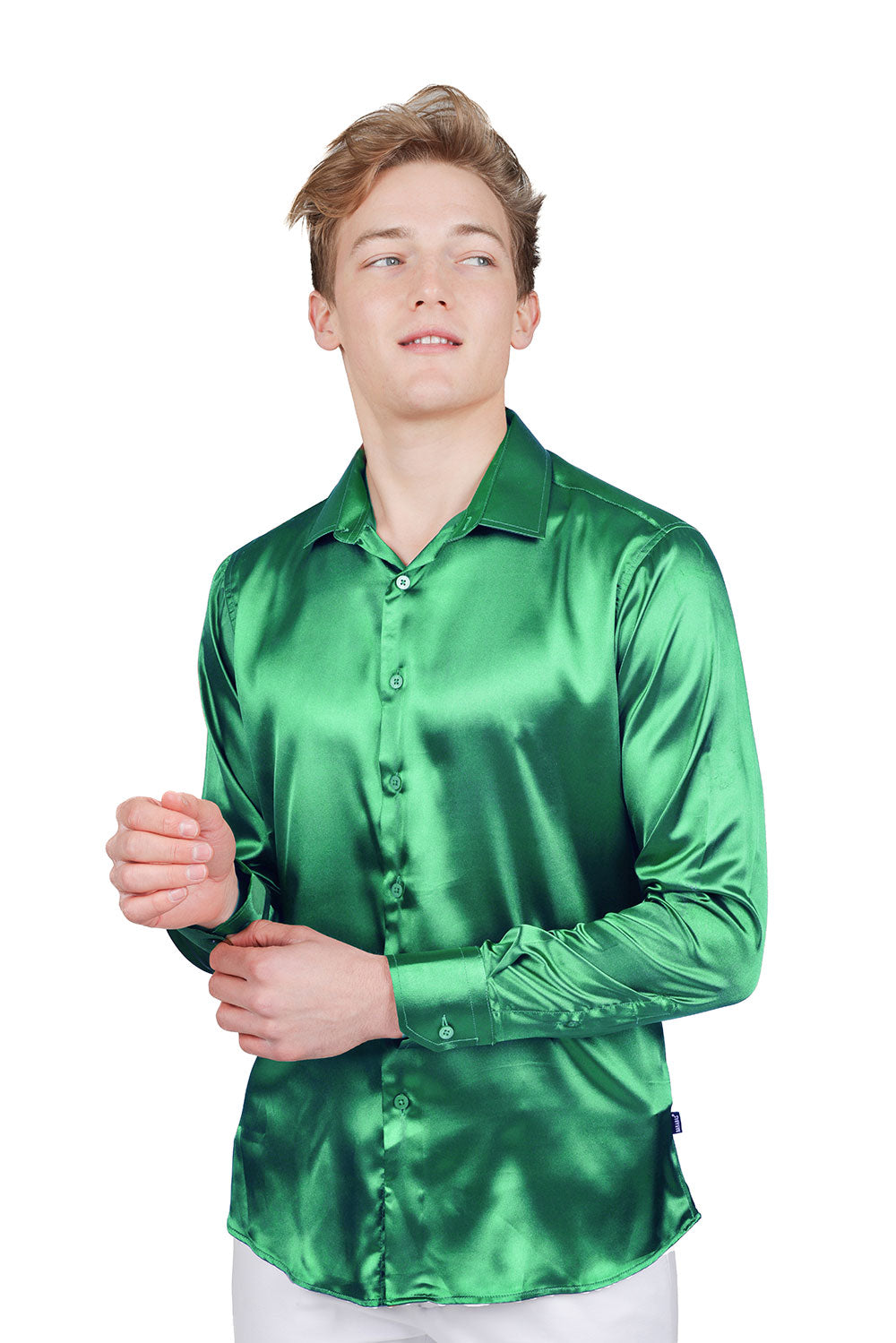 BARABAS Mens Luxury Metallic Long Sleeve Button Down Shiny shirts B312 Emerald