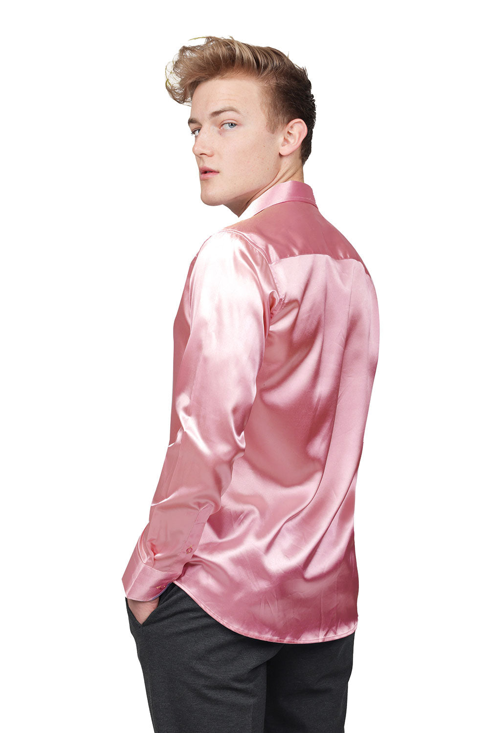 BARABAS Mens Luxury Shiny Long Sleeve Button Down Metallic Shirts B312 Pink