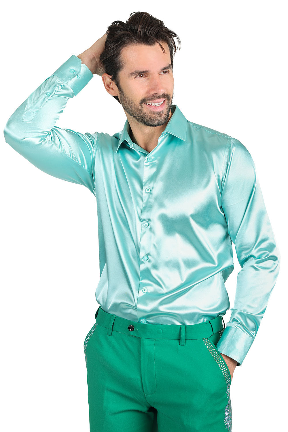 BARABAS Mens Luxury Shiny Long Sleeve Button Down Metallic Shirts B312 Mint