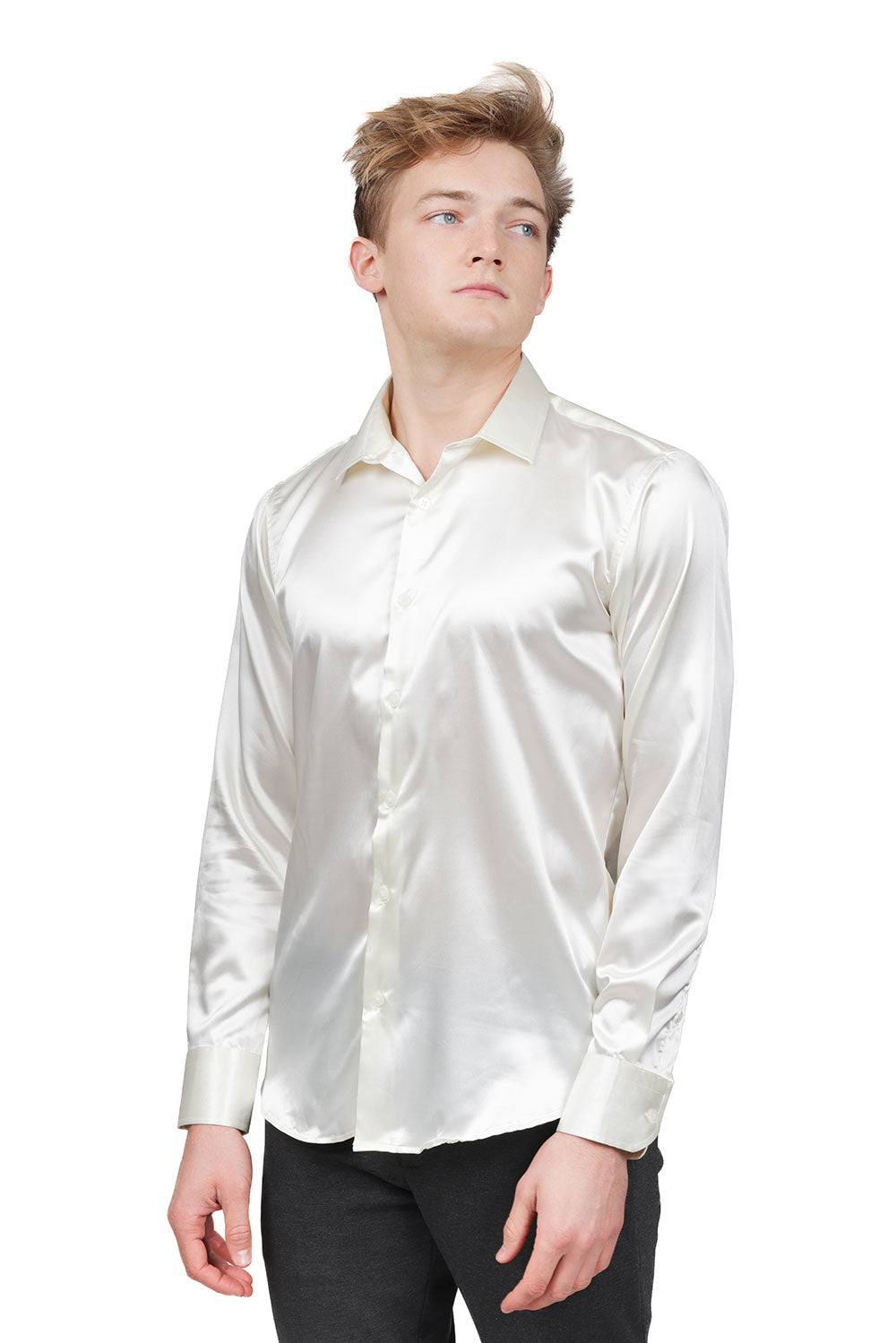 BARABAS Mens Luxury Metallic Long Sleeve Button Down Shiny shirts B312 Pearl