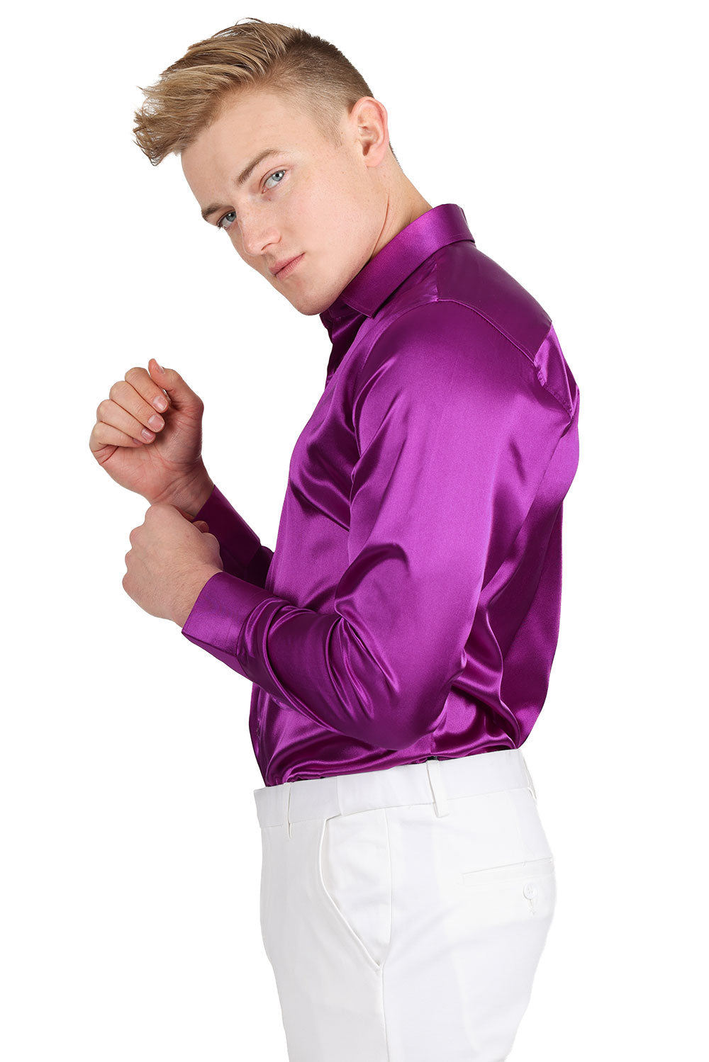 BARABAS Mens Luxury Metallic Long Sleeve Button Down Shiny shirts B312 Purple