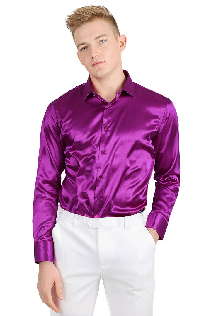 BARABAS Mens Luxury Metallic Long Sleeve Button Down Shiny shirts B312 Purple 