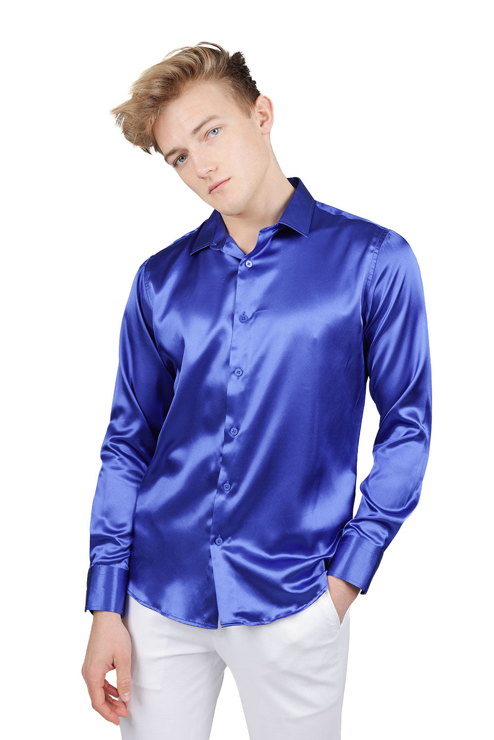 BARABAS Mens Luxury Metallic Long Sleeve Button Down Shiny shirts B312 Royal Blue
