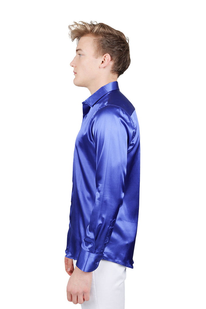 BARABAS Mens Luxury Metallic Long Sleeve Button Down Shiny shirts B312 Royal Blue