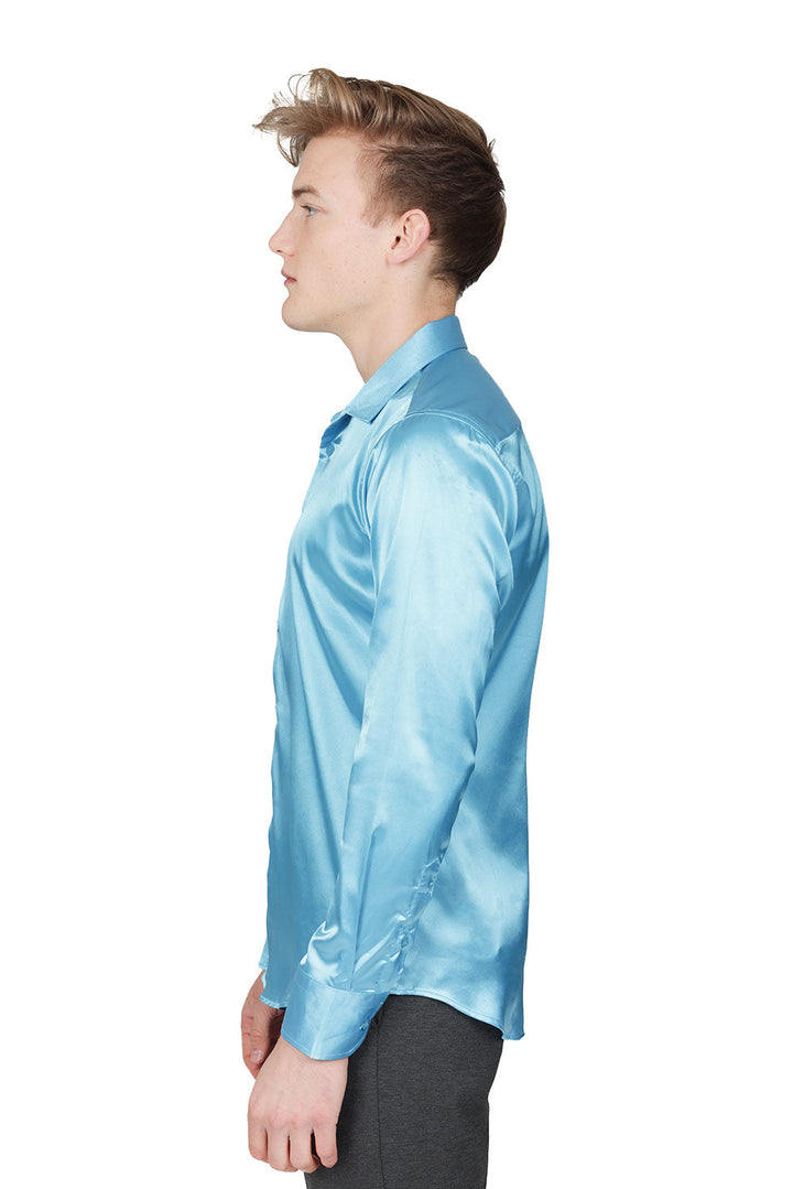 BARABAS Mens Luxury Shiny Long Sleeve Button Down Metallic Shirts B312 Sky Blue