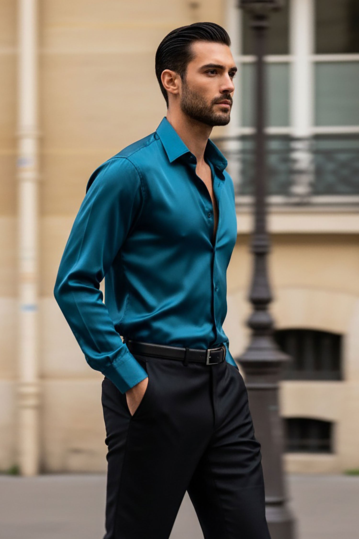 BARABAS Mens Luxury Metallic Long Sleeve Button Down Shiny shirts B312 Teal