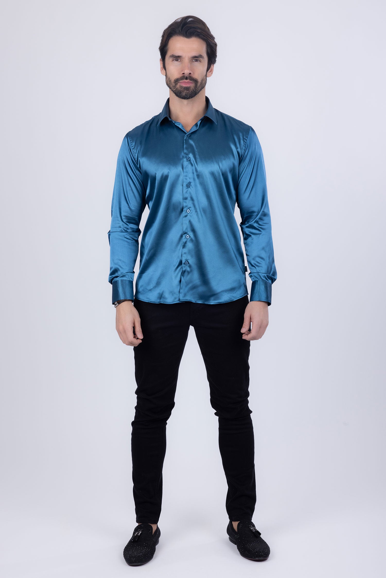 BARABAS Mens Luxury Metallic Long Sleeve Button Down Shiny shirts B312 Teal