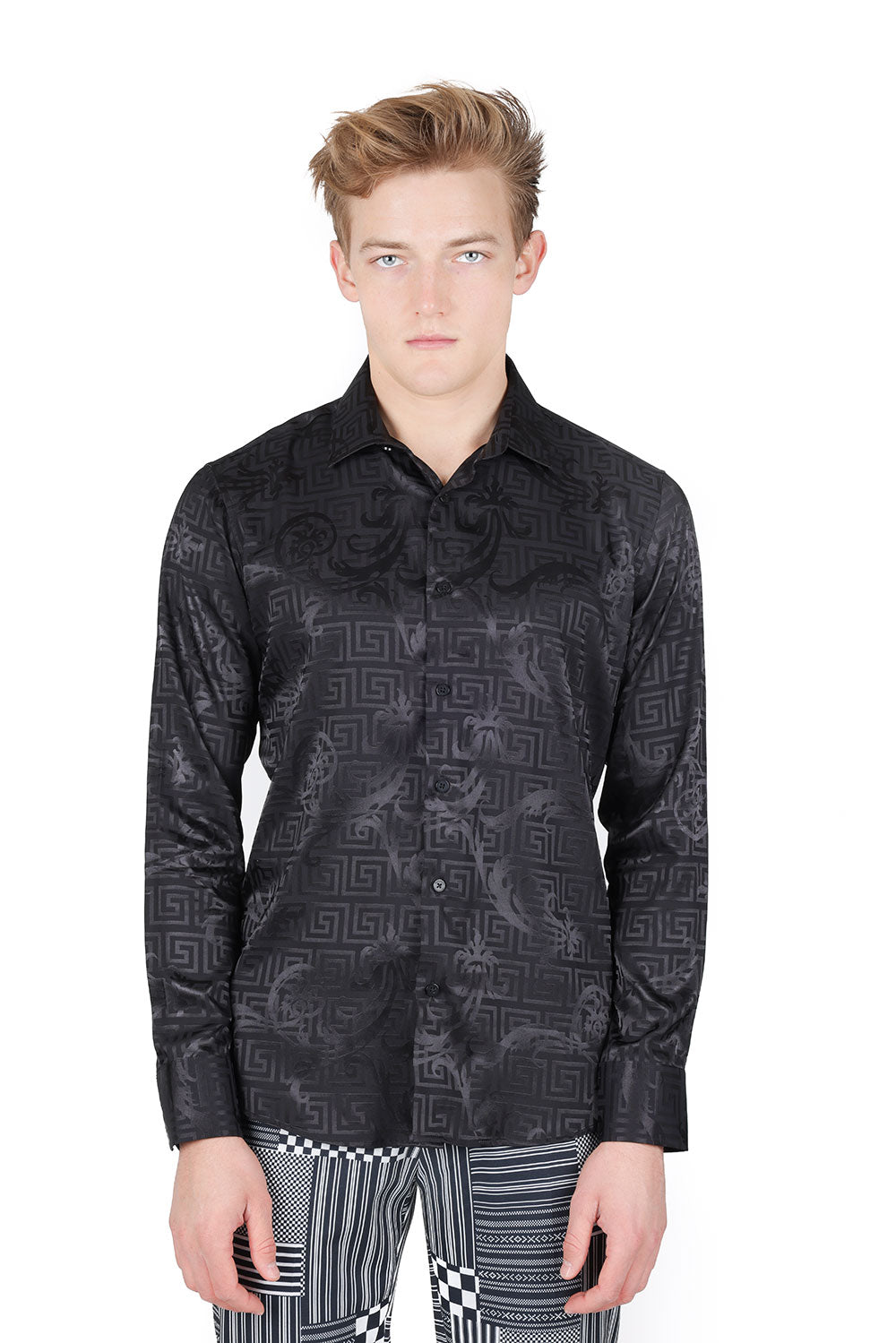 BARABAS Men's Greek Key Baroque Long Sleeve Button Down Shirt B313 Black