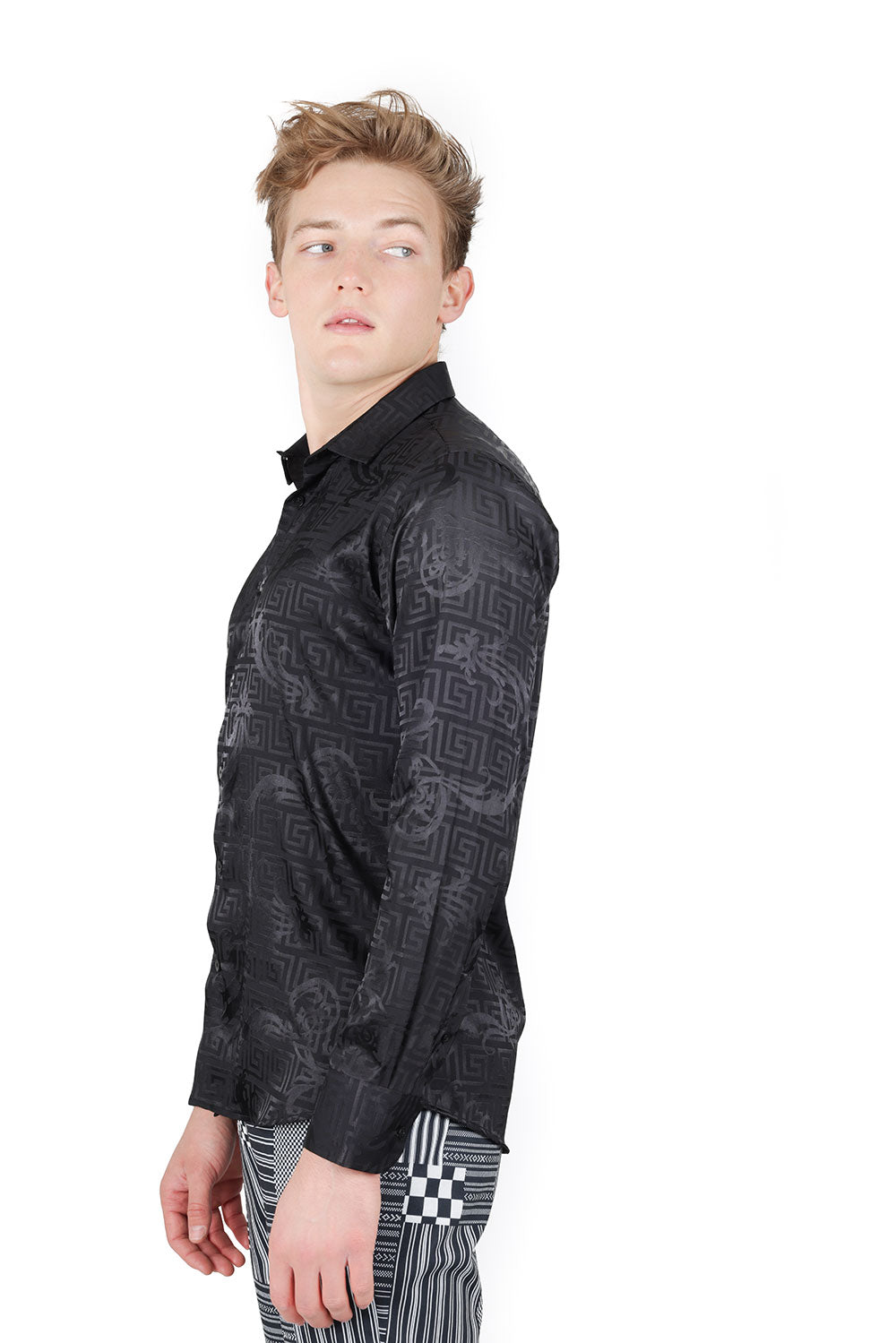 BARABAS Men's Greek Key Baroque Long Sleeve Button Down Shirt B313 Black