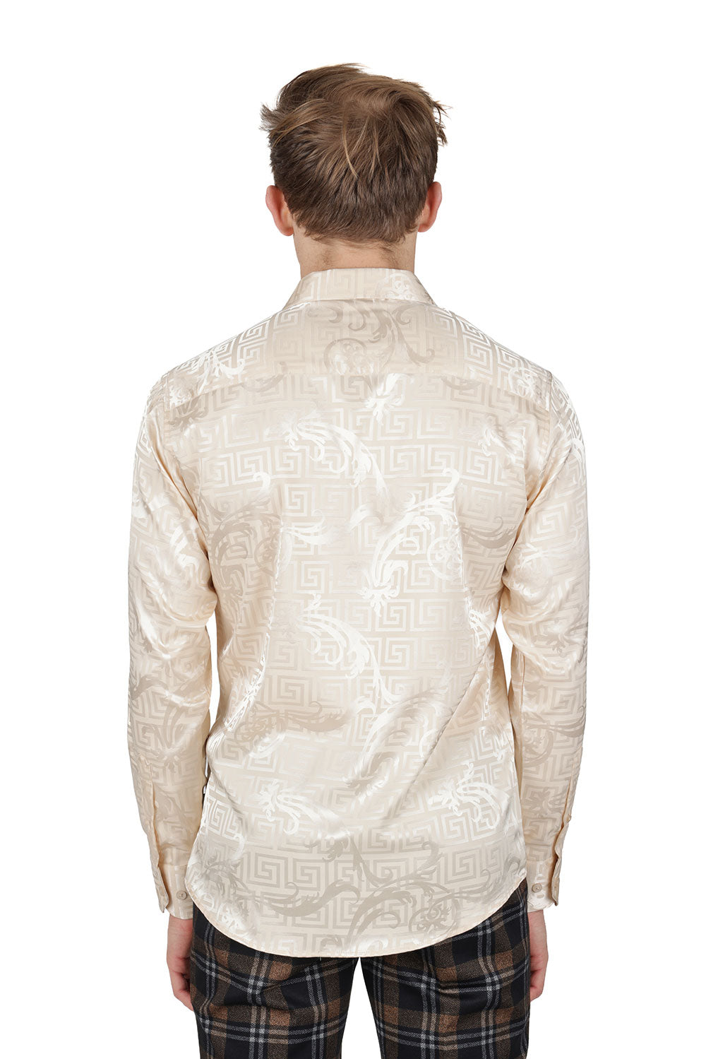 BARABAS Men's Greek Key Baroque Long Sleeve Button Down Shirt B313 cream