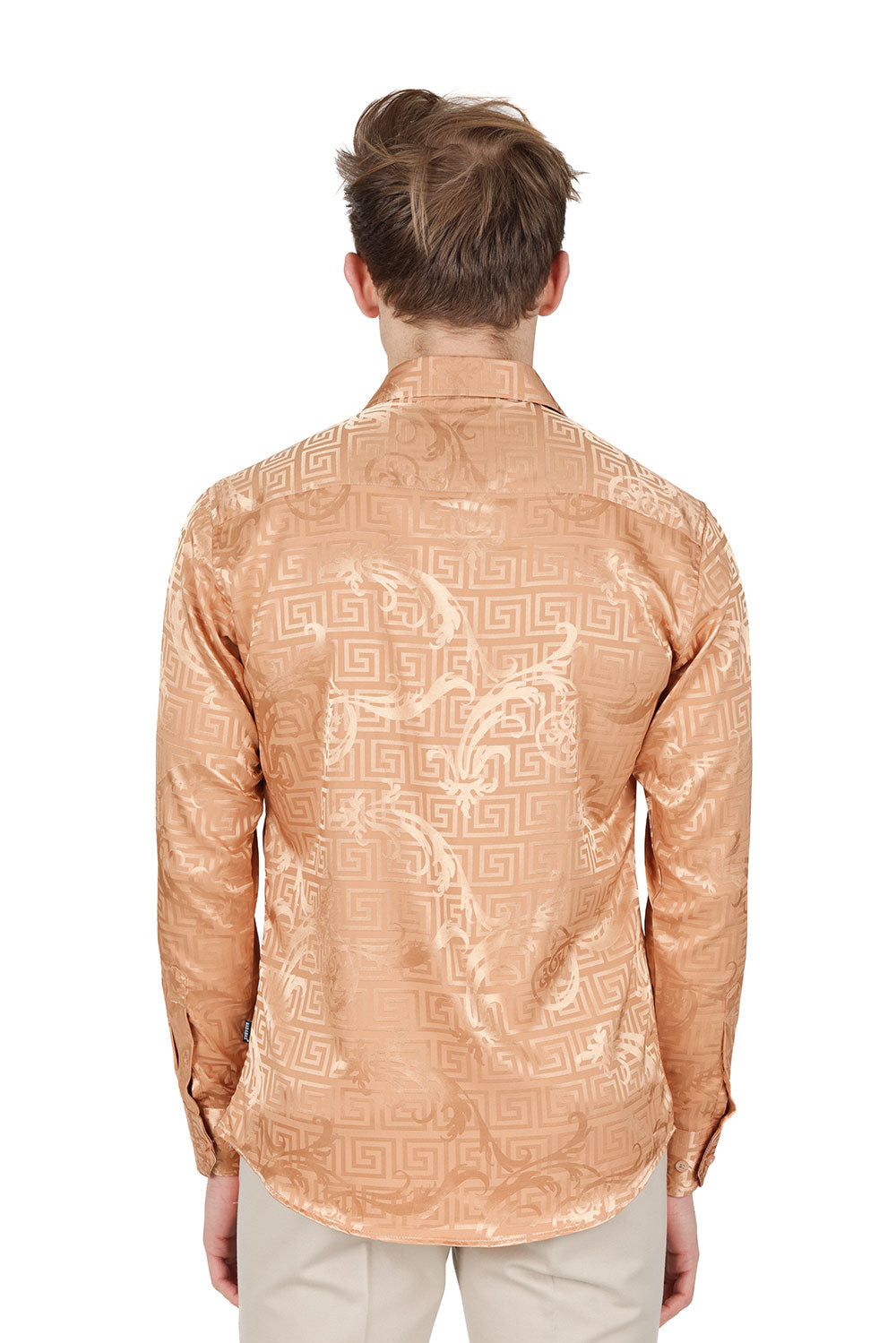 BARABAS Men's Greek Key Baroque Long Sleeve Button Down Shirt B313 Gold