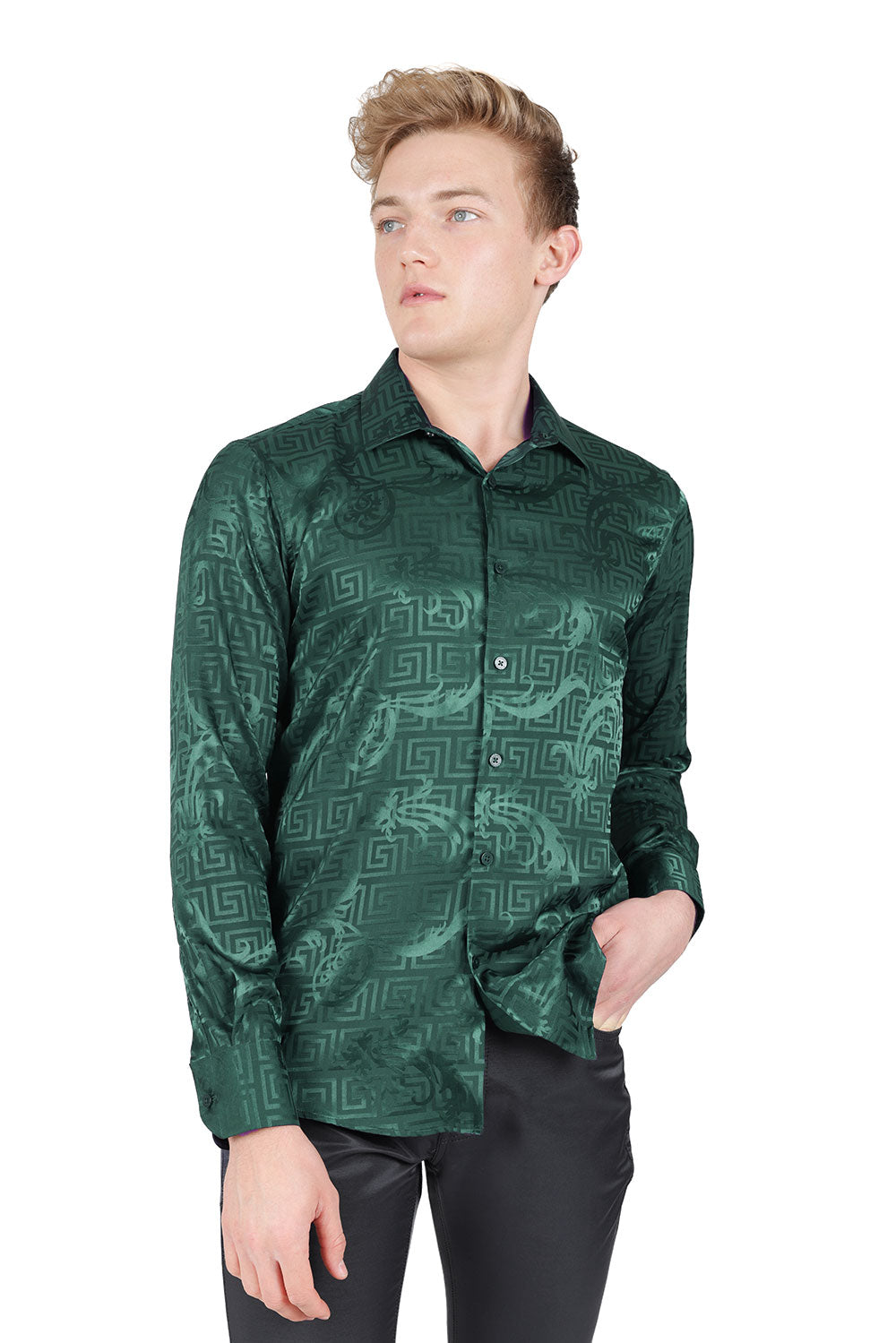 BARABAS Men's Greek Key Baroque Long Sleeve Button Down Shirt B313 Green