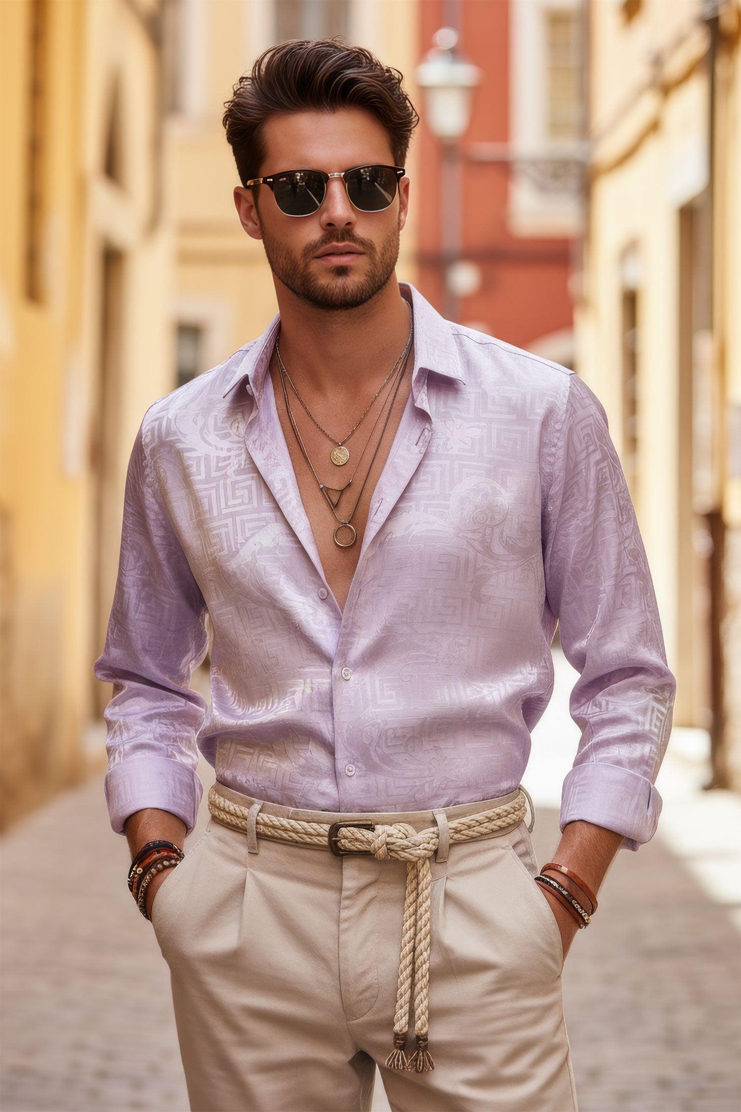BARABAS Men's Greek Key Baroque Long Sleeve Button Down Shirt B313 Lavender