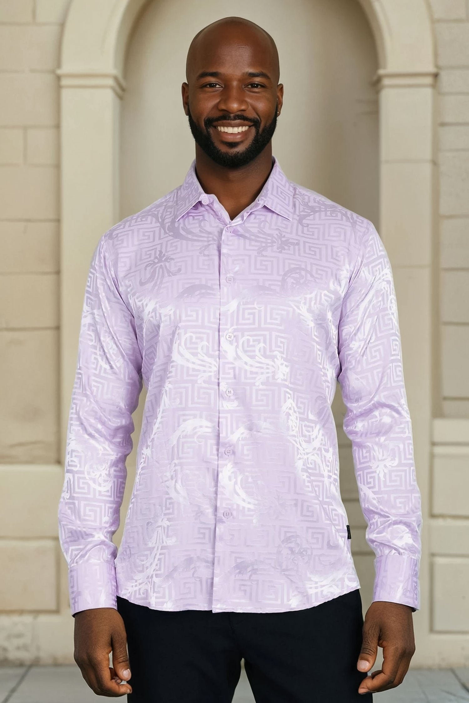 BARABAS Men's Greek Key Baroque Long Sleeve Button Down Shirt B313 Purple