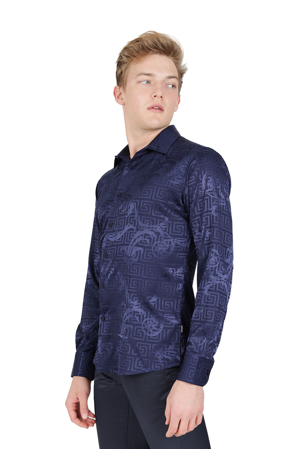 BARABAS Men's Greek Key Baroque Long Sleeve Button Down Shirt B313 Navy