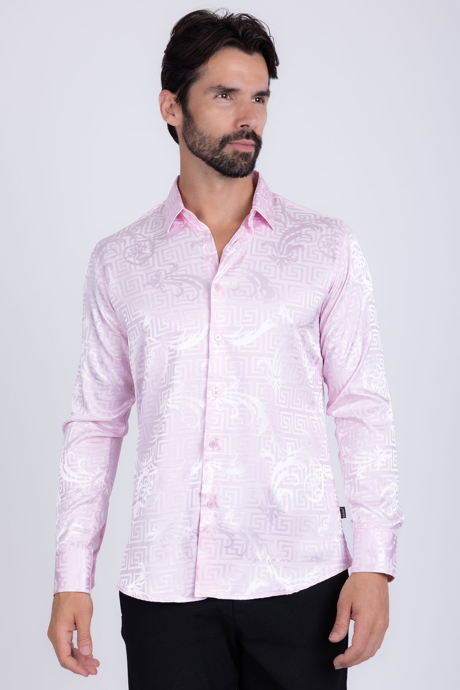 BARABAS Men's Greek Key Baroque Long Sleeve Button Down Shirt B313 Pink