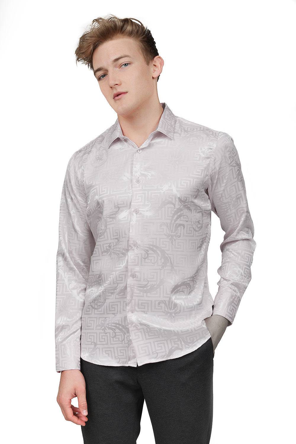 BARABAS Men's Greek Key Baroque Long Sleeve Button Down Shirt B313