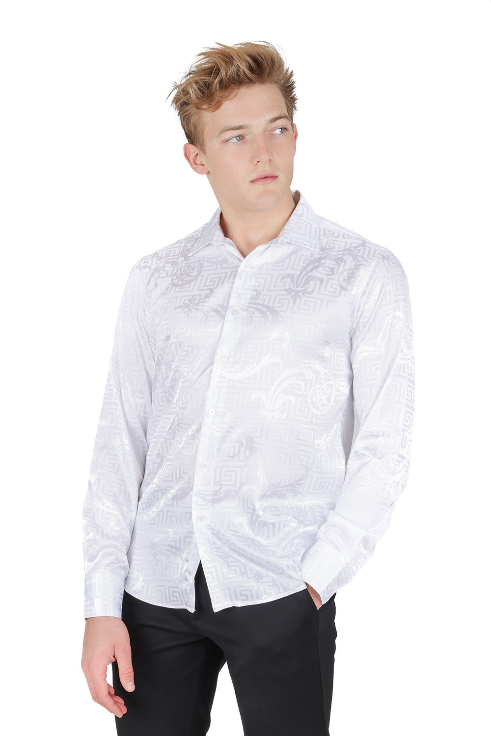 BARABAS Men's Greek Key Baroque Long Sleeve Button Down Shirt B313 White