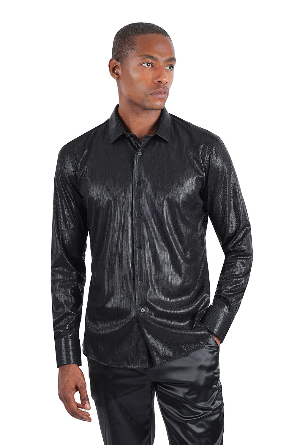 BARABAS Men's Premium Shinny Solid Color Button Down Dress Shirts B46 Black