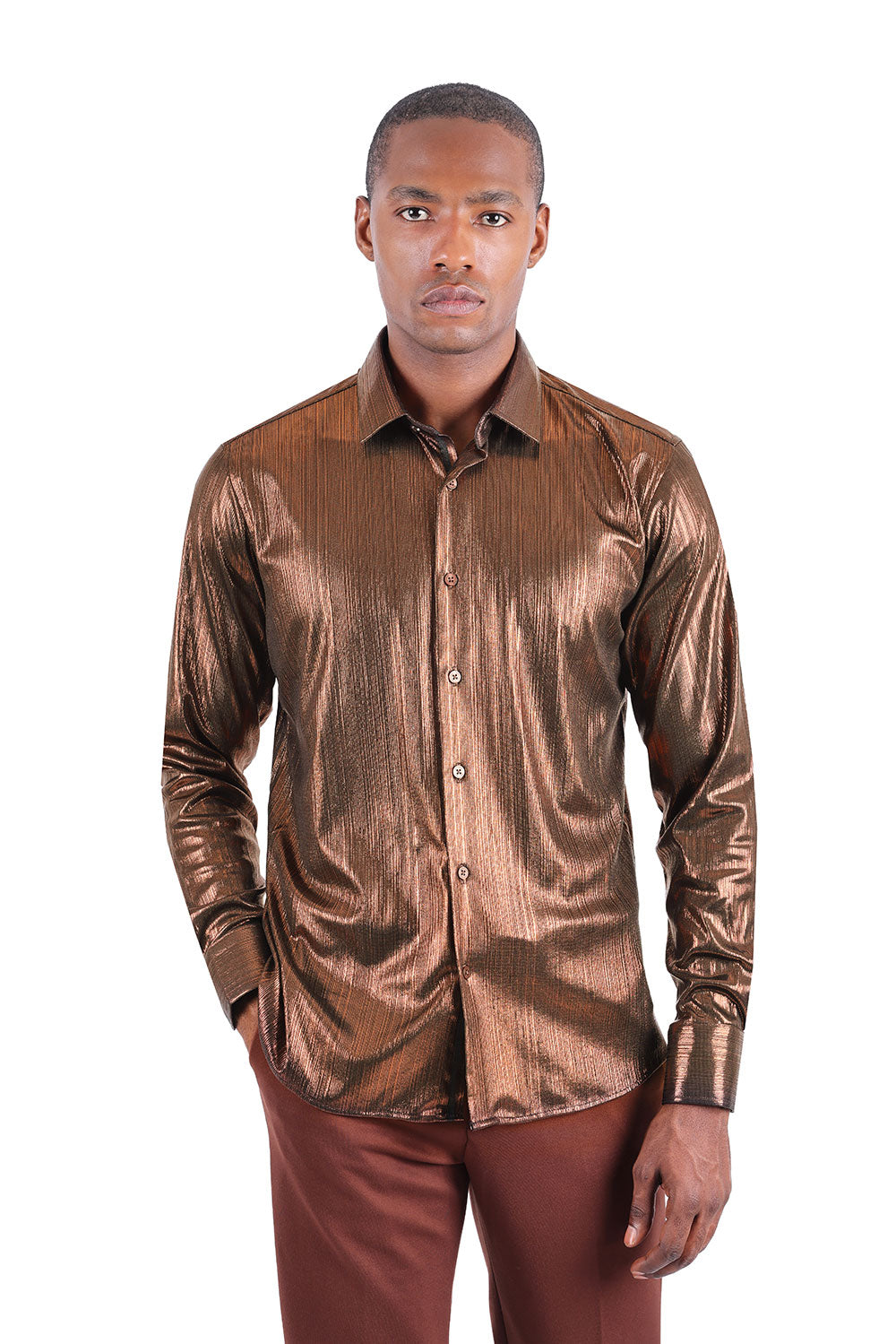 BARABAS Men's Premium Shinny Solid Color Button Down Dress Shirts B46 Bronze