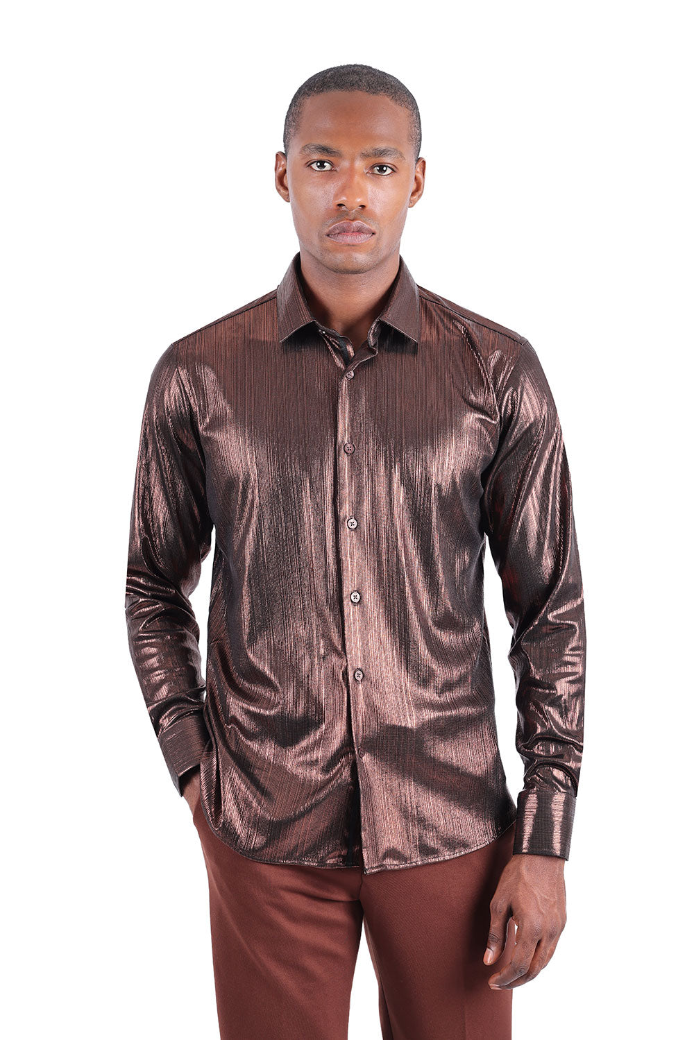 BARABAS Men's Premium Shinny Solid Color Button Down Dress Shirts B46 Brown