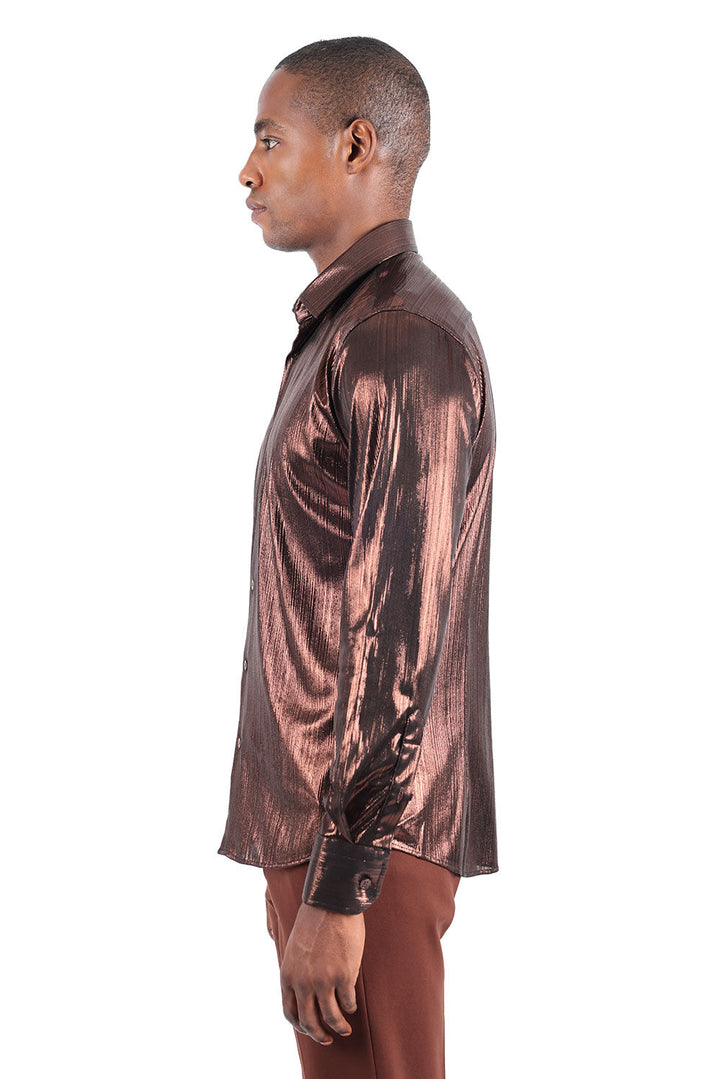 BARABAS Men's Premium Shinny Solid Color Button Down Dress Shirts B46 Brown