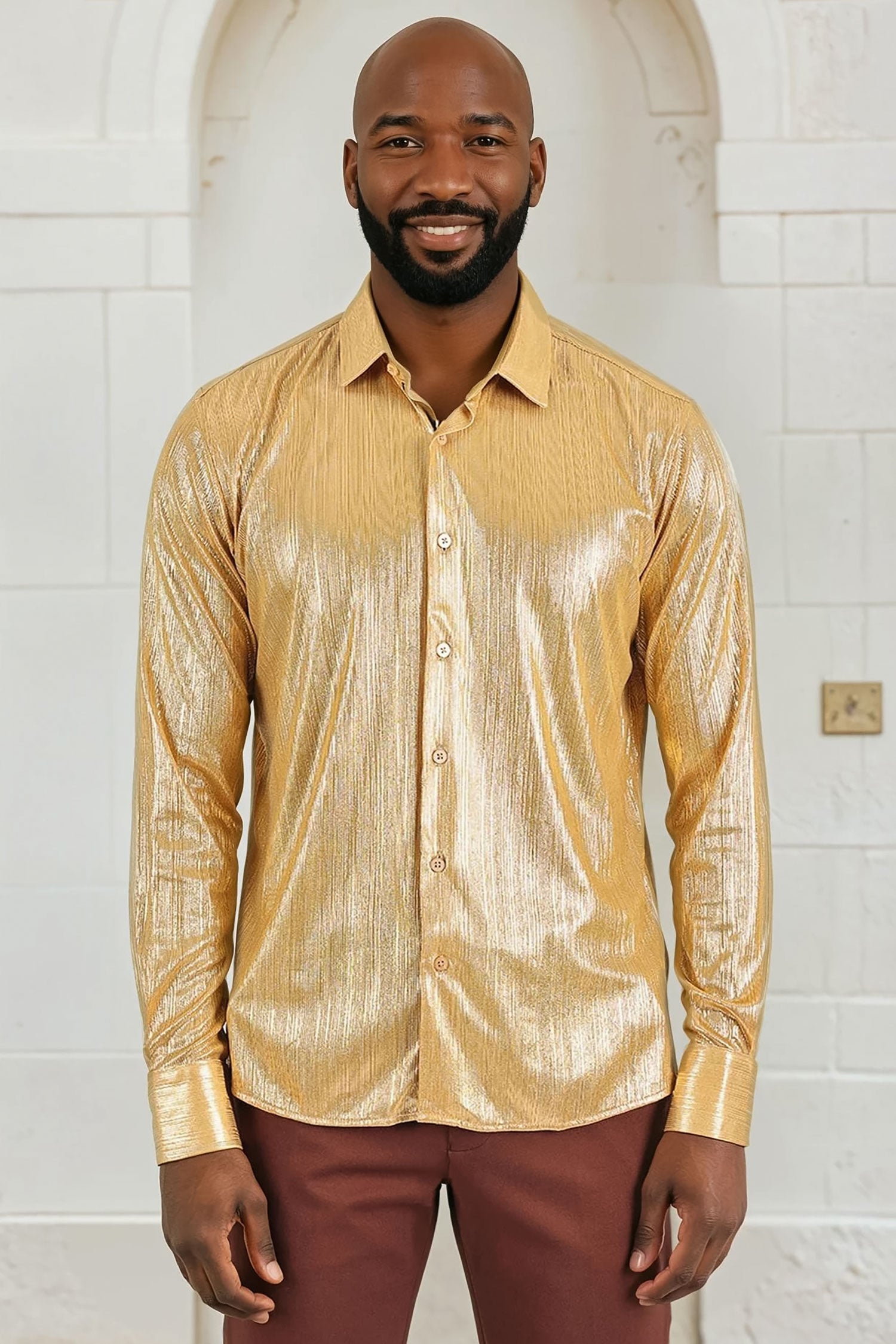 BARABAS Men's Premium Shinny Solid Color Button Down Dress Shirts B46 Gold