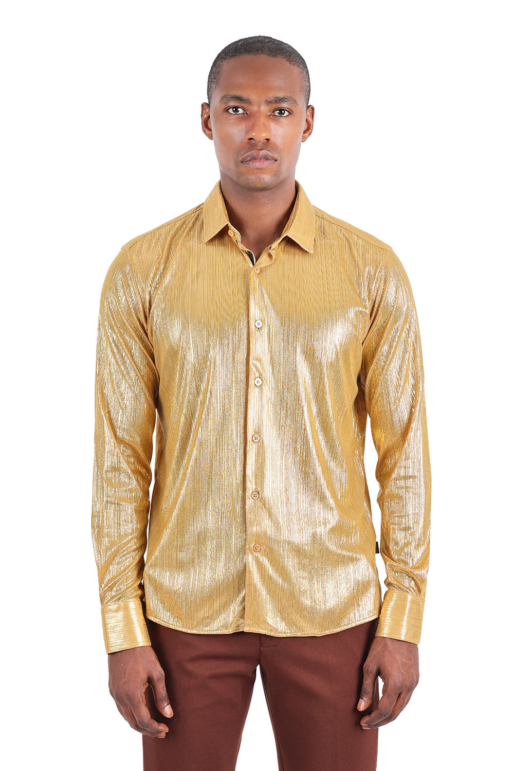 BARABAS Men's Premium Shinny Solid Color Button Down Dress Shirts B46 Gold