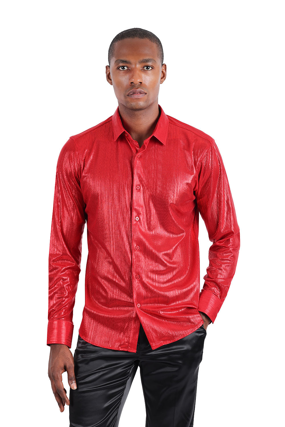 BARABAS Men's Premium Shinny Solid Color Button Down Dress Shirts B46 Red