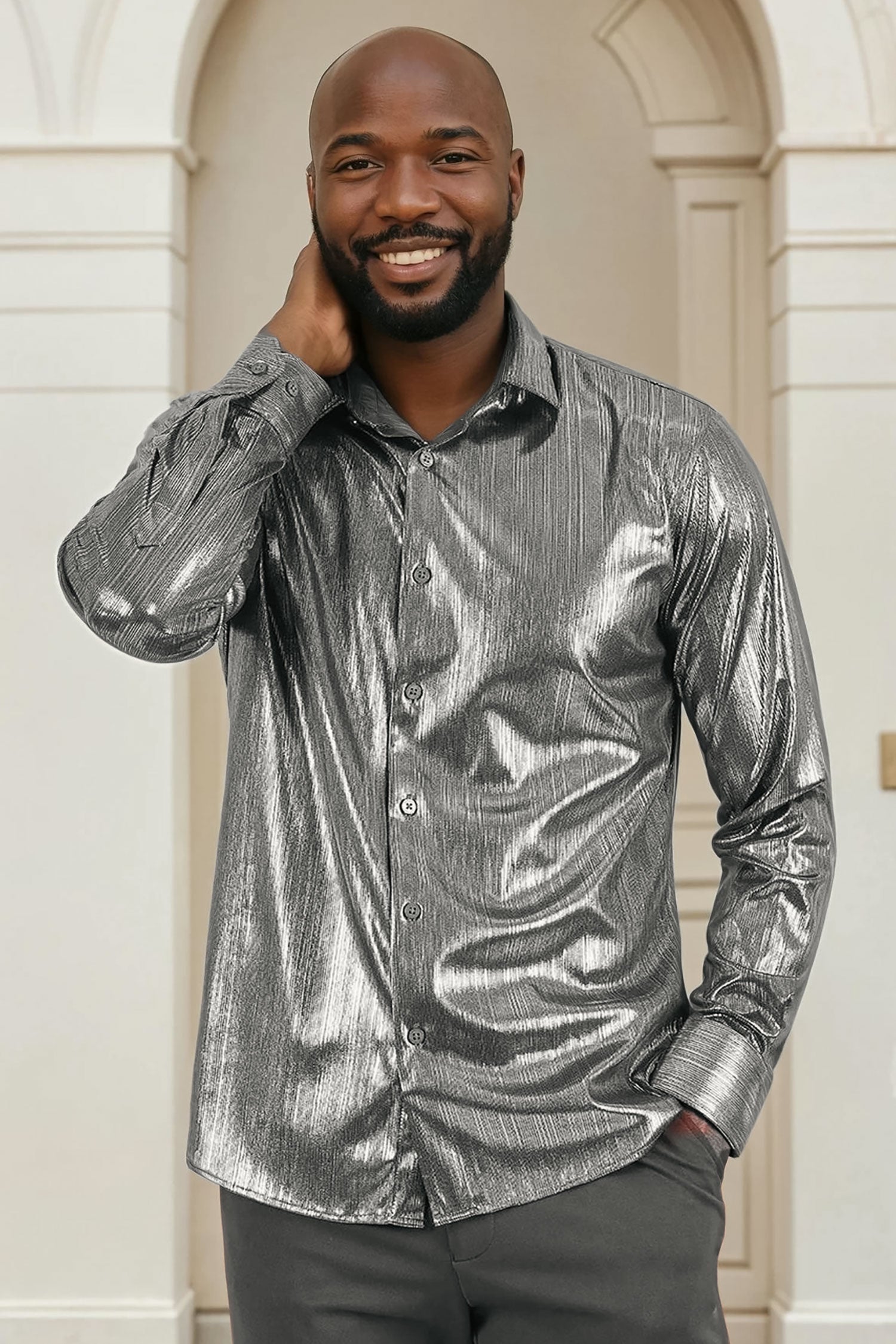 BARABAS Men's Premium Shinny Solid Color Button Down Dress Shirts B46 Silver