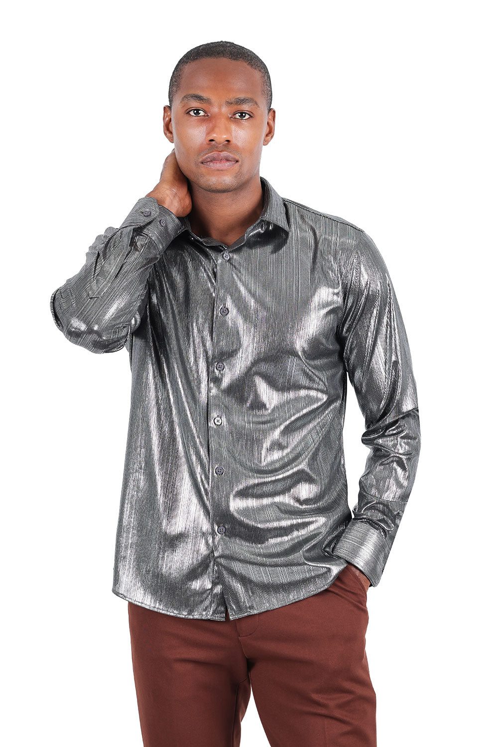 BARABAS Men's Premium Shinny Solid Color Button Down Dress Shirts B46 Silver
