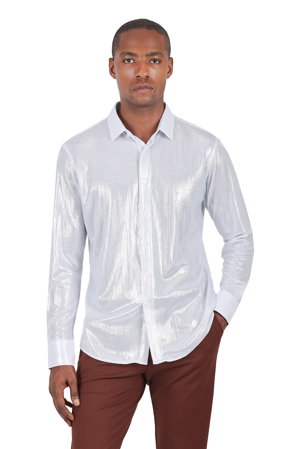 BARABAS Men's Premium Shinny Solid Color Button Down Dress Shirts B46 White