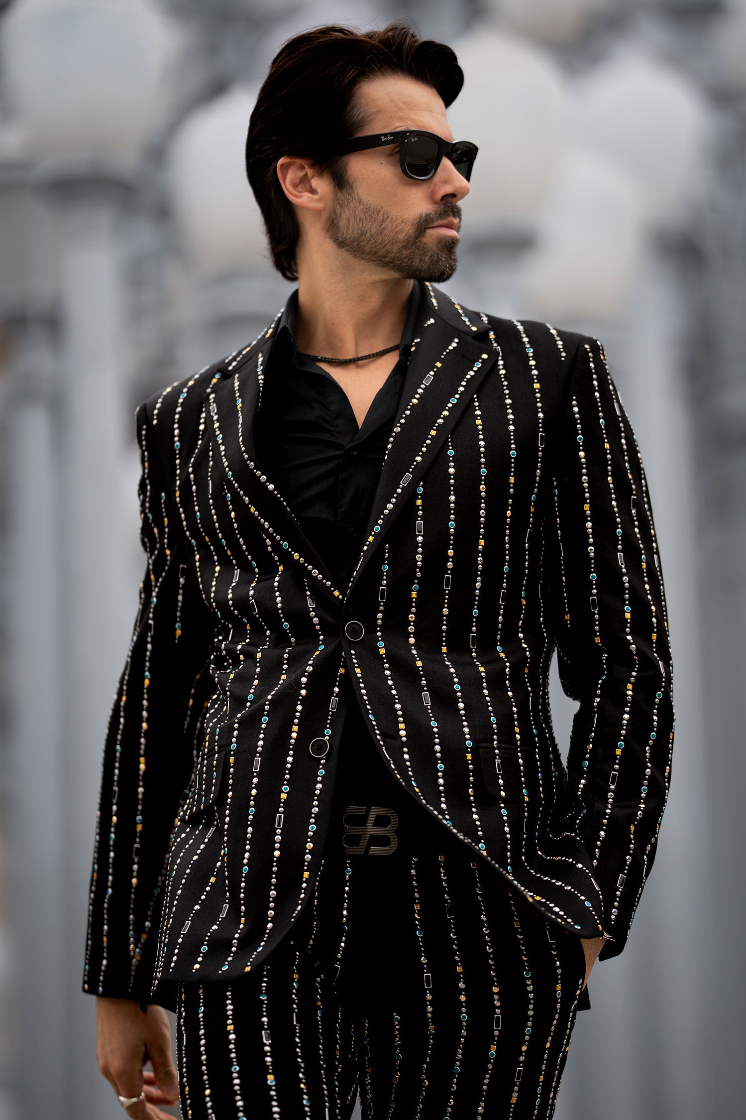 Barabas Men's Geometric Rhinestone Pattern Notch Lapel Suit 5SU38 Black
