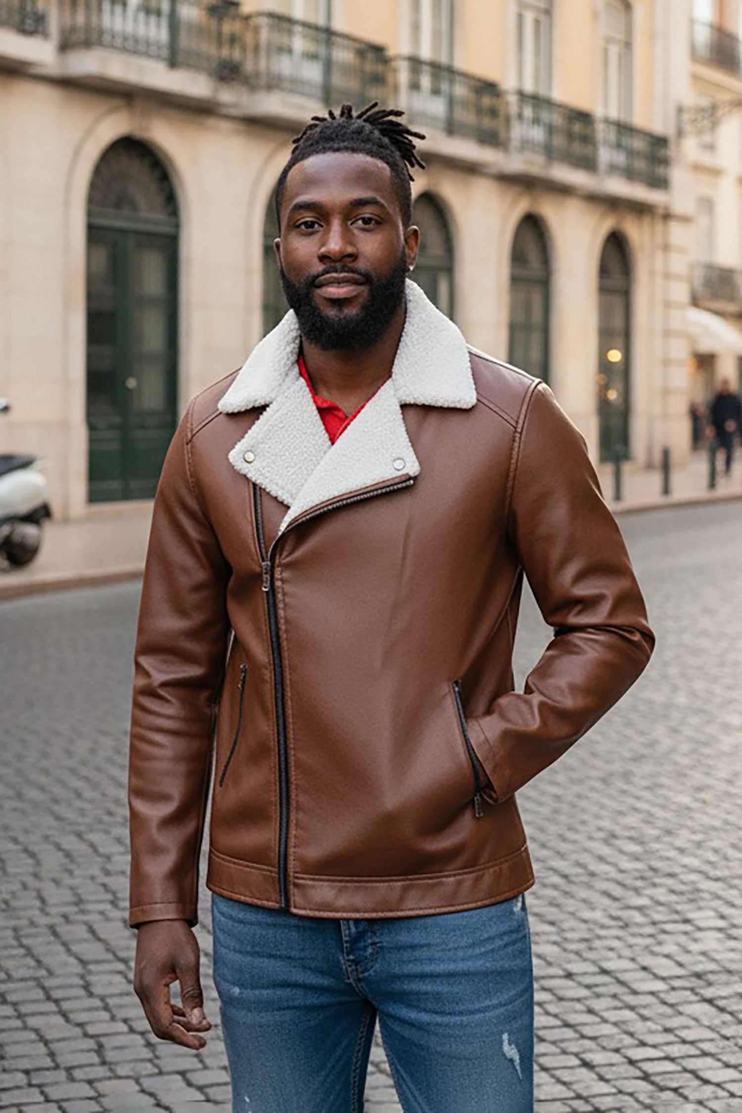 BARABAS Men's Faux Leather Fur Collar Bomber Jacket Bh68 Brown Camel