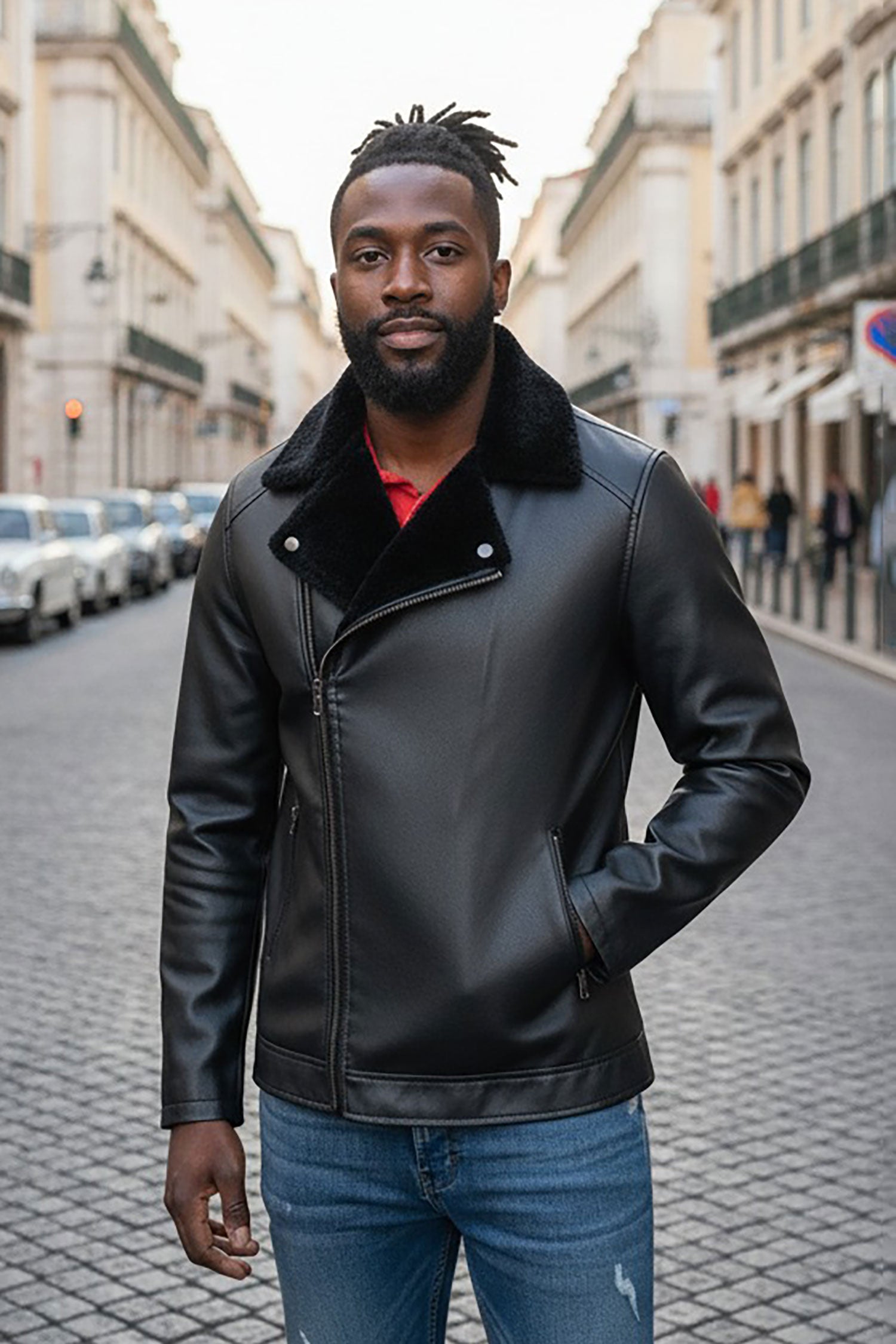 BARABAS Men's Faux Leather Fur Collar Bomber Jacket Bh68 Black