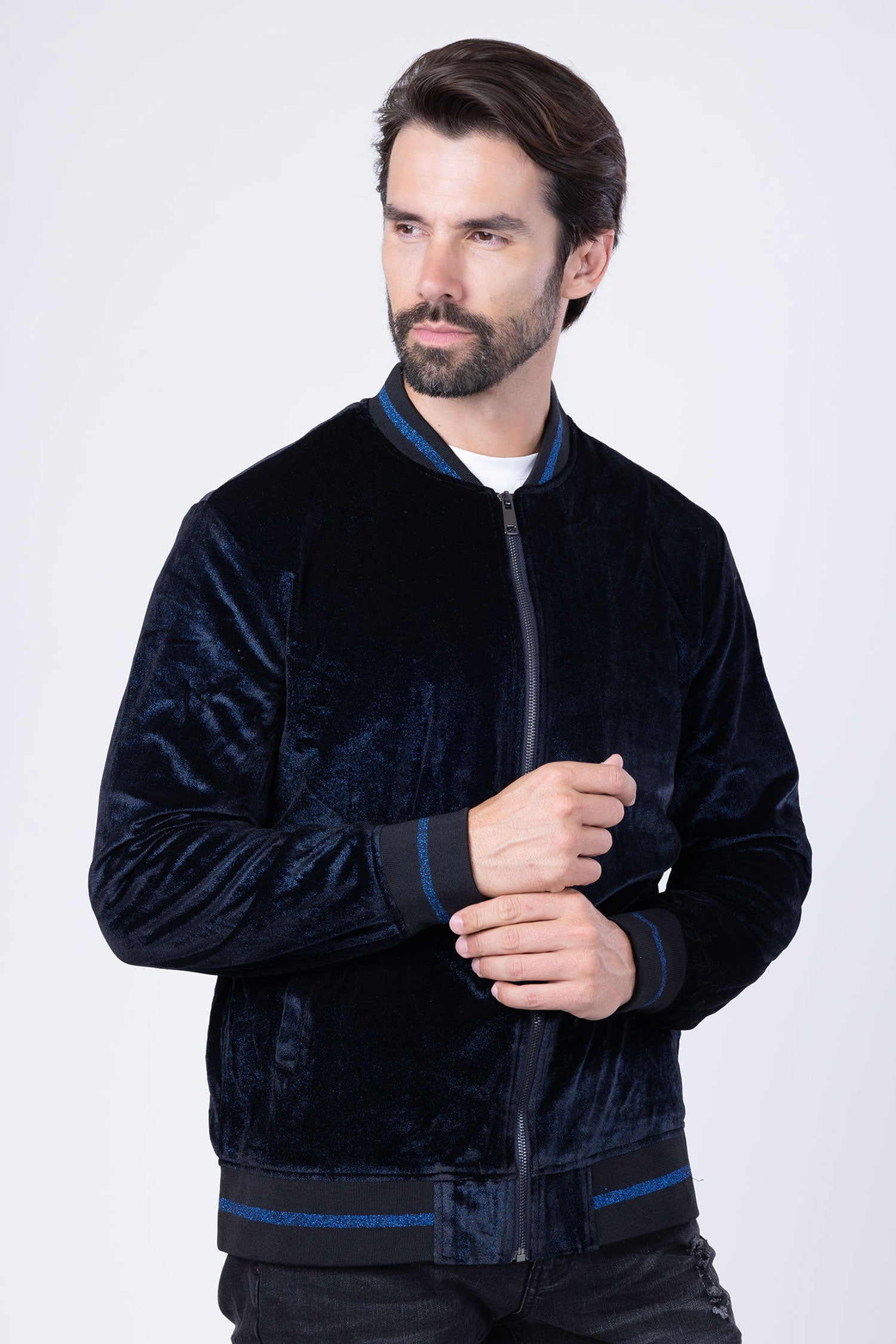 Barabas Men's Shiny Glittery Sparkly Bomber Jacket BJ1358 Navy