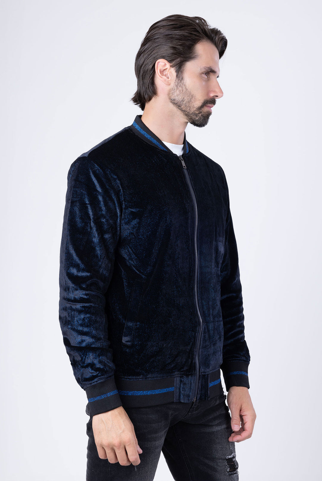 Barabas Men's Shiny Glittery Sparkly Bomber Jacket BJ1358 Navy