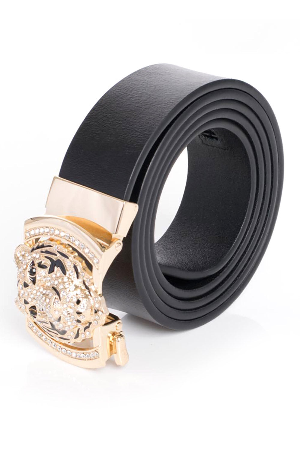 Barabas Men's Rhinestone Tiger Black Gold Buckle Leather Belt BK11