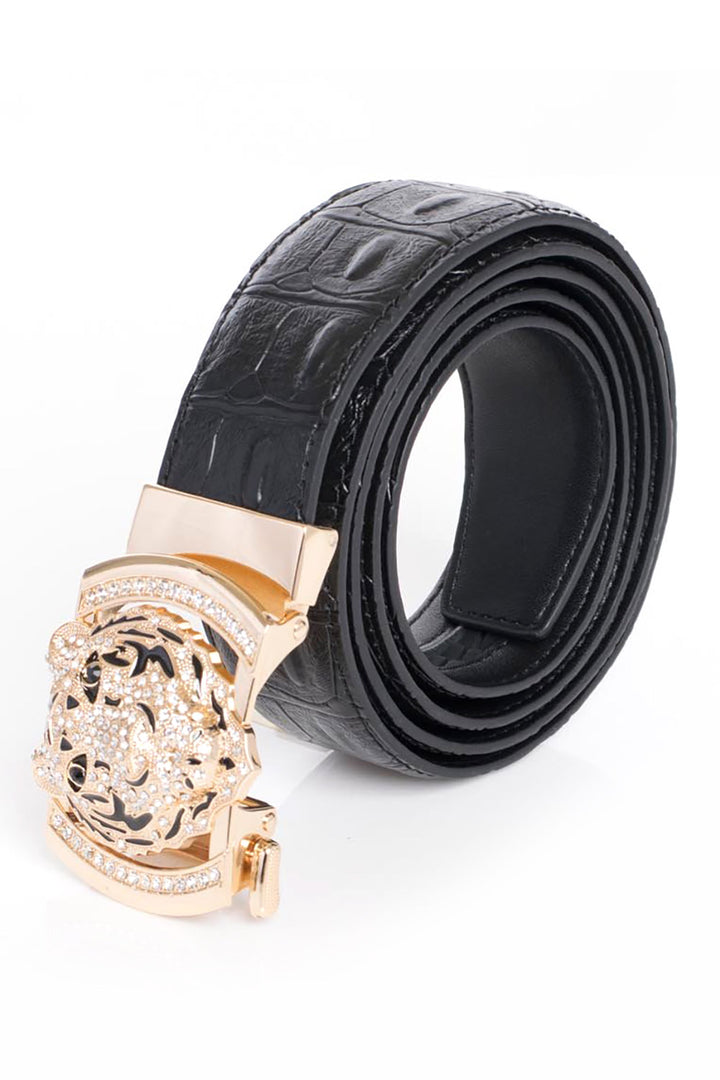 Barabas Men's Rhinestone Tiger Black Gold Buckle Leather Belt BK11