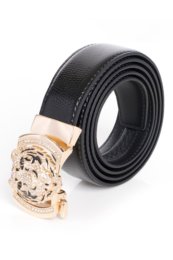 Barabas Men's Rhinestone Tiger Black Gold Buckle Leather Belt BK11