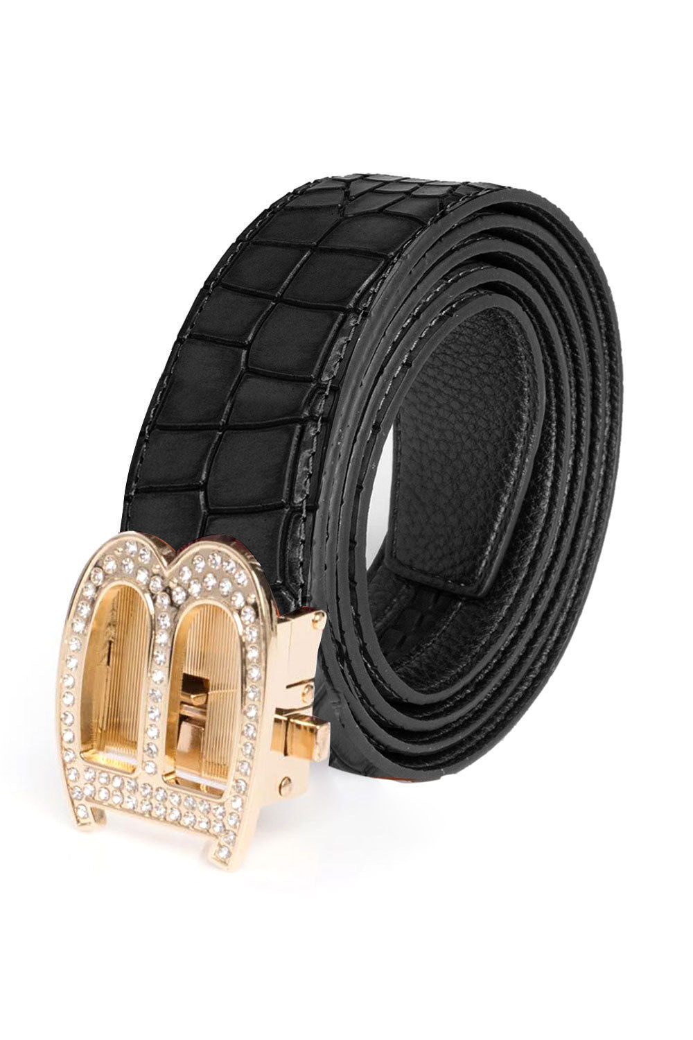 Barabas Men's Rhinestone B Letter Gold Buckle Leather Belt BK810